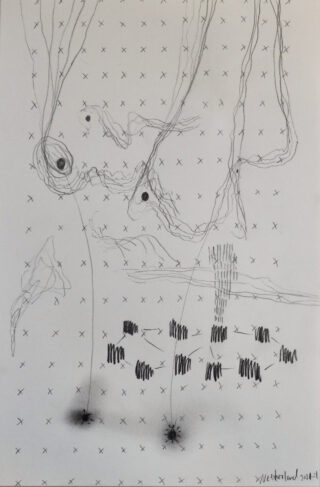 Abstrakte Bleistiftzeichnung mit verstreuten X-Zeichen, Wellen- und Schleifenlinien, schattierten Punkten sowie gruppierten vertikalen und horizontalen Markierungen auf weißem Hintergrund. Signiert und datiert in der unteren rechten Ecke.