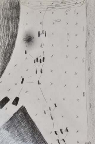 Schwarzweiße abstrakte Zeichnung mit verstreuten X-Markierungen, schattierten Formen und rechteckigen Blöcken, die über die Seite verteilt sind.