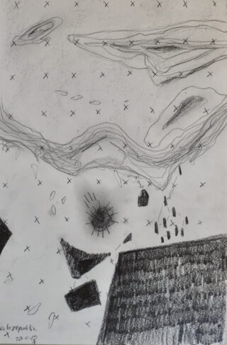 Abstrakte Schwarzweißskizze mit verstreuten X-Markierungen, geschwungenen Linien, schattierten Bereichen und geometrischen Formen auf einem strukturierten Hintergrund.