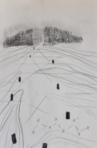 Abstrakte Schwarzweiß-Bleistiftzeichnung eines entfernten Waldes mit Konturlinien und verstreuten dunklen Rechtecken und X-Markierungen im Vordergrund.