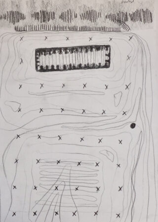 Abstrakte Bleistiftzeichnung mit verstreuten X-Markierungen, gewellten Konturlinien, einem großen umrandeten Rechteck mit schattierten Linien darin und einem runden Punkt auf der rechten Seite.