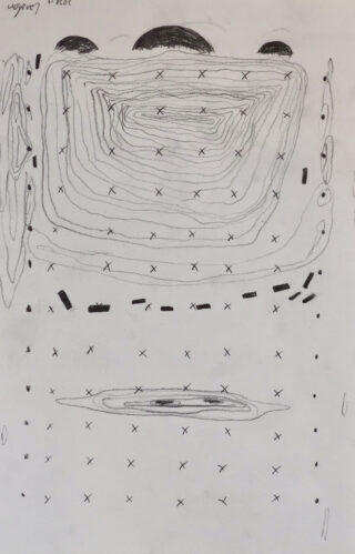Handgezeichnetes Diagramm mit Konturlinien, X-Markierungen, schattierten Bereichen und kurzen gestrichelten und durchgezogenen Linien, die in einem gitterartigen Muster auf weißem Papier angeordnet sind.