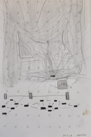 Abstrakte Bleistift- und Tuschezeichnung mit verstreuten X-Markierungen, schwarzen Rechtecken, Wellenlinien und zwei schattierten Formen, datiert „2017.01.01 München“ in der unteren rechten Ecke.