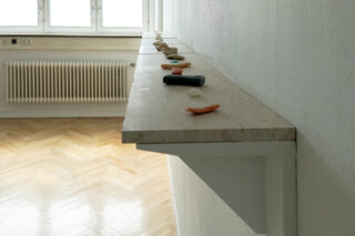 Auf einem an einer weißen Wand befestigten Holzregal sind verschiedene kleine, unregelmäßig geformte Gegenstände aufgereiht. Im Hintergrund sind ein Heizkörper und Fenster zu sehen.