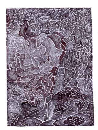 Abstrakte schwarz-weiße Strichzeichnung mit komplizierten, labyrinthartigen Mustern und organischen Formen, die den gesamten rechteckigen Rahmen ausfüllen.