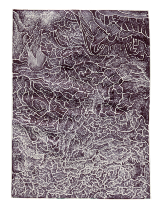 Abstrakte Schwarzweißillustration mit komplizierten, wirbelnden Linien und organischen Mustern, mit einer großen Blumenform oben links und strukturierten Details im gesamten Bild.