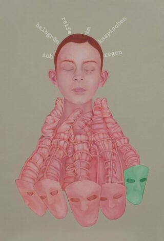 Eine Person mit geschlossenen Augen ist von rosa Wirbeln und fünf Masken, eine davon grün, umgeben. Über dem Kopf schweben deutsche Wörter vor einem schlichten Hintergrund.