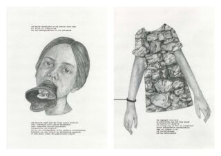 Zwei Graustufen-Bleistiftzeichnungen: links ist ein Frauenkopf mit einer Dose im Mund zu sehen; rechts eine kopf- und armlose Figur in einem gemusterten Hemd. Beide Zeichnungen enthalten unter den Bildern getippten deutschen Text.
