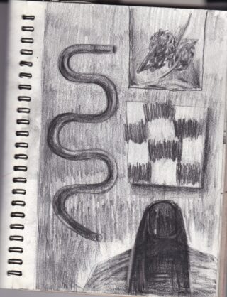 Bleistiftzeichnung einer vermummten Figur unter abstraktem Wandbild, einschließlich einer Wellenlinie, eines Schachbrettmusters und einer gerahmten Skizze von Blättern oder Pflanzen. Links ist spiralgebundenes Papier sichtbar.