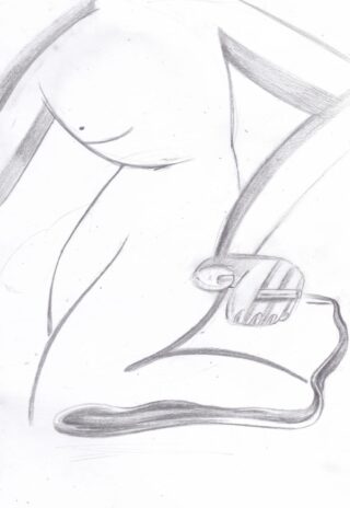 Bleistiftskizze einer knienden menschlichen Figur, die einen angewinkelten Arm mit einer auf dem Knie ruhenden Hand sowie minimale Details an Kopf und Rumpf zeigt.