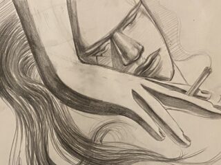 Bleistiftskizze des Gesichts einer Person, die auf ihrem Arm ruht, mit wallendem langem Haar und Fingern, die eine Zigarette halten.