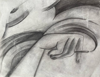 Abstrakte Bleistiftzeichnung einer Hand, die eine Zigarette hält, mit geschwungenen Linien und teilweisem Umriss eines Oberkörpers in einem weichen, schattierten Stil.