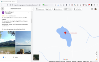 Screenshot einer Google Maps-Seite mit dem Badesee Fahrewalde, einem See in Deutschland, mit einer Benutzerbewertung und Fotos des Sees auf der linken Seite des Bildschirms.