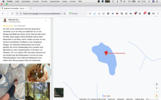 Screenshot einer Google Maps-Seite, die den Badesee Fahrnau zeigt, einen kleinen See, der auf einer einfachen Karte eingezeichnet ist, mit einer Bewertung und drei Fotos der Gegend auf der linken Seite des Bildschirms.