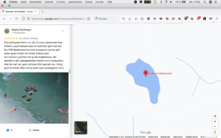Screenshot einer Google Maps-Seite mit der Badestelle Fahrenwalde, einem kleinen See. Links ist eine Bewertung mit Text und einem Foto von Badenden zu sehen.