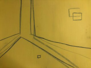 Ein gelber Hintergrund mit dünnen, dunklen Linien, die eckige Formen bilden, und zwei umrandete Quadrate, ein kleines in der Nähe der Mitte und ein größeres oben rechts.