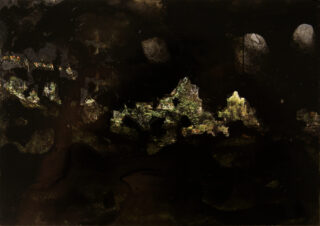 Eine dunkle, strukturierte Oberfläche mit unregelmäßigen Flecken und einer kleinen Öffnung in der Mitte gibt den Blick auf grünes Laub und Licht im Hintergrund frei.