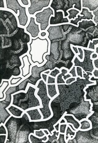 Abstraktes Schwarz-Weiß-Kunstwerk mit unregelmäßigen Formen und Linien, mit Bereichen dichter Schraffur und rissigen Texturen, die durch kräftige weiße Ränder getrennt sind.