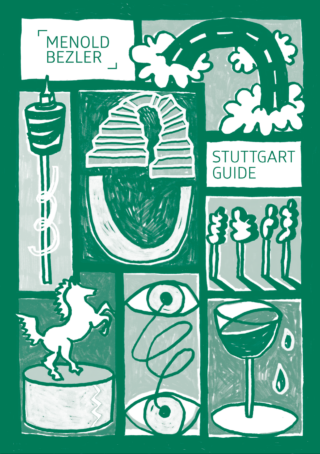 Illustrierter Einband mit Stuttgarter Wahrzeichen, einem sich aufbäumenden Pferd, stilisierten Augen, einem Weinglas, einer Straße, Bäumen und dem Text „Menold Bezler Stuttgart Guide“.