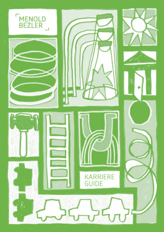 Grün-weiße Illustration mit Skizzen von Leitern, Autos, Rohren, einer Sonne, einem Haus, Puzzleteilen und den Texten „MENOLD BEZLER“ und „KARRIERE GUIDE“.