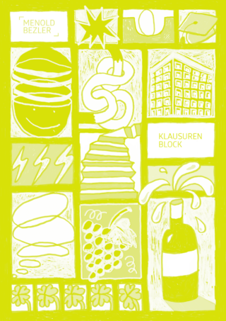 Ein grafisches Raster zeigt handgezeichnete Illustrationen in Weiß- und Gelbgrüntönen, darunter Textfelder, einen Burger, ein Gebäude, Weintrauben, Blitze und eine Flasche mit herausspritzender Flüssigkeit.