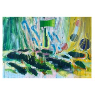 Abstraktes Gemälde in Grün-, Gelb- und Blautönen mit dunkelgrünen Pinselstrichen, vertikalen Tropfen, einem grünen Rechteck und mehreren kreisförmigen Formen auf der rechten Seite.