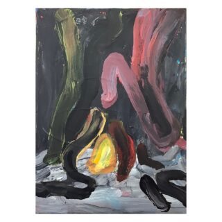 Abstraktes Gemälde mit dunklen, wirbelnden Pinselstrichen und einem zentralen gelben und orangefarbenen Bereich vor einem überwiegend schwarzen und grauen Hintergrund.