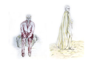 Zwei handgezeichnete Figuren: eine sitzt im Anzug auf einem Felsen, die andere steht in einem langen, gestreiften Umhang auf Sand, beide haben kurze Haare und einen neutralen Gesichtsausdruck.