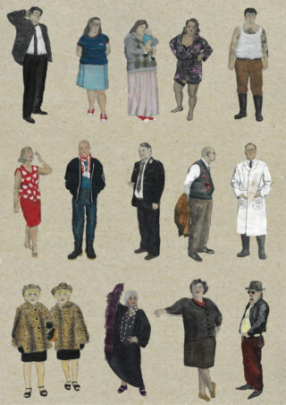 Vierzehn Personen unterschiedlichen Alters, Körperbaus und unterschiedlicher Kleidung stehen in einer gitterartigen Anordnung mit Blick nach vorne vor einem schlichten, strukturierten Hintergrund.