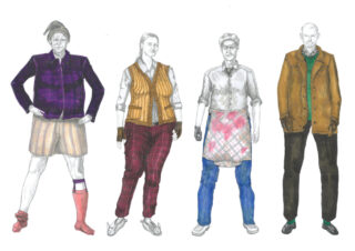 Vier Personen stehen nebeneinander und tragen jeweils ein unterschiedliches Outfit: eine lila Jacke mit Shorts, eine gestreifte Weste mit karierten Hosen, eine Schürze über einem Hemd und einen braunen Mantel mit schwarzen Hosen.