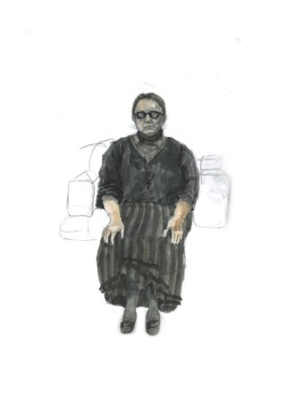 Eine sitzende Frau mit Brille, die einen dunkel gestreiften Rock und eine Bluse trägt, ist in einer teilweise fertigen Zeichnung dargestellt, wobei einige Bereiche als Bleistiftskizzen übrig geblieben sind.