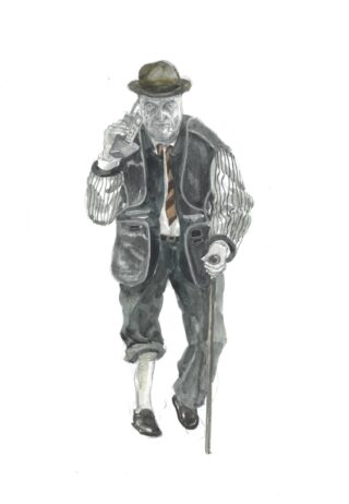 Ein älterer Mann mit Hut, Weste und gestreiftem Hemd, der einen Stock hält und mit dem Finger in die Nähe seines Kopfes zeigt, scheint vorwärts zu gehen.