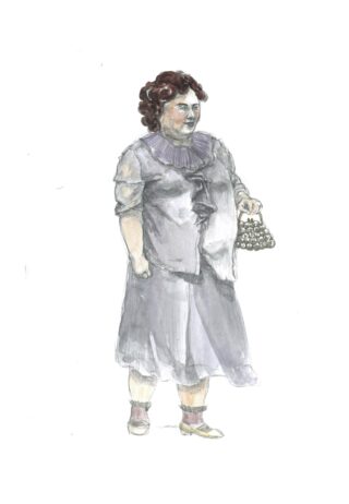 Aquarellillustration einer Frau mit lockigem braunem Haar, die ein hellviolettes Rüschenkleid, passende Socken und Schuhe trägt, eine Handtasche mit Perlen in der Hand hält und vor einem weißen Hintergrund steht.