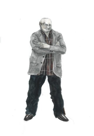 Illustration eines älteren Mannes mit verschränkten Armen, der vor einem weißen Hintergrund einen grauen Blazer, ein gestreiftes Hemd, eine dunkle Hose und braune Schuhe trägt.