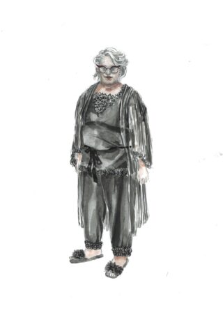 Aquarellillustration einer älteren Person mit Brille, grauem Haar und einem entspannten, passenden Outfit bestehend aus einer langen Strickjacke, Hose und Hausschuhen mit strukturierten Details.