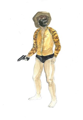 Aquarellillustration einer Person, die eine Jacke mit Tigerstreifen, eine schwarze Maske, einen Cowboyhut und schwarze Slips trägt und eine Pistole hält.