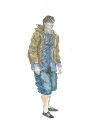Eine Person in einer braunen Jacke, einem karierten Hemd und hochgekrempelten Bluejeans steht mit den Händen an den Seiten.