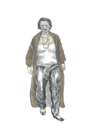 Illustration einer Person mit kurzen Haaren, die einen langen braunen Mantel, ein weißes Hemd, mehrere Halsketten, glänzende Hosen und schwarze Schuhe trägt und vor einem weißen Hintergrund vorwärtsgeht.