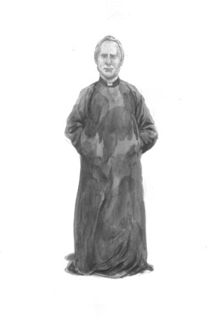 Eine Graustufenillustration eines älteren Mannes, der ein langes, dunkles Gewand trägt und mit hinter dem Rücken verschränkten Händen dasteht.