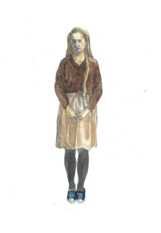 Aquarellillustration einer Frau, die mit gefalteten Händen auf weißem Hintergrund steht und einen braunen Pullover, einen beigen Rock, schwarze Strumpfhosen und blaue Schuhe trägt.