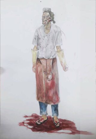Ein Aquarell einer Person in einem fleckigen weißen Hemd, einer roten Schürze, Jeans und Sandalen, die auf einer blutähnlichen roten Pfütze steht.