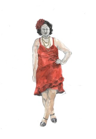 Aquarellillustration einer Person in einem roten Kleid, einem großen Blumenhaarschmuck, einer Halskette und Stöckelschuhen, die mit einer Hand auf der Hüfte vor einem weißen Hintergrund steht.