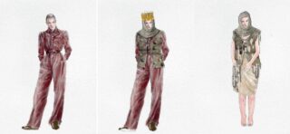 Drei Modeskizzen zeigen ein Model in unterschiedlichen Outfits: einem Hosenanzug, einem Ensemble aus Krone und Kettenhemdweste sowie einem Kleid mit Kettenhemd und Kopfbedeckung.