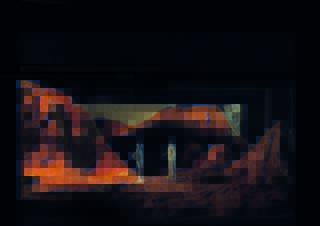 Zwei Figuren in Raumanzügen stehen auf einem felsigen, rötlichen Gelände, das einer Marslandschaft ähnelt, mit unebenen Hügeln und einem dunklen Himmel im Hintergrund.