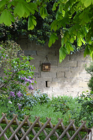 Ein hölzernes Insektenhaus hängt an einer Steinmauer in einem Garten, umgeben von grünem Laub, lila Blumen, Gras und einem Holzzaun im Vordergrund.