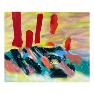 Abstraktes Gemälde mit roten vertikalen und schwebenden Formen, einer teilweise sichtbaren orangefarbenen Sonne und strukturierten grünen, blauen und pfirsichfarbenen Pinselstrichen vor einem gelben Hintergrund.