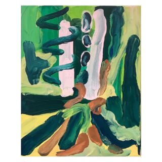 Abstraktes Gemälde mit dicken, überlappenden Pinselstrichen in Grün, Blaugrün, Braun, Weiß und Hellrosa, die organische Formen auf einer vertikal ausgerichteten Leinwand bilden.