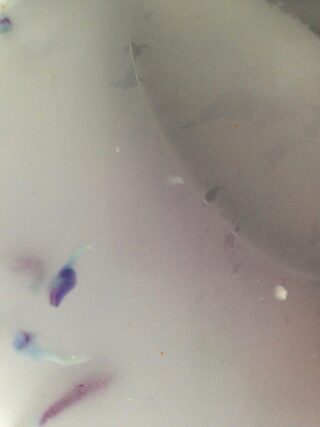 Eine Nahaufnahme einer blassen, wolkigen Oberfläche mit schwachen violetten und blauen Flecken, kleinen weißen Punkten und weichen Schatten.