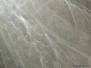 Weiche, wellenförmige Muster aus Licht und Schatten werden auf eine strukturierte graue Oberfläche geworfen und erzeugen abstrakte, überlappende Formen.