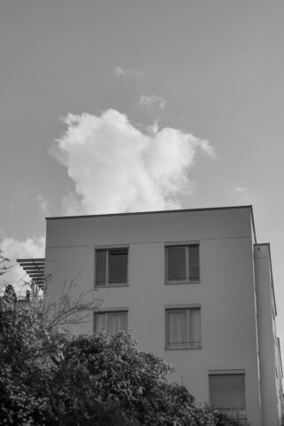 Vor einem großen Busch steht unter einem Himmel mit einer einzigen Wolke ein weißes, modernes Wohnhaus mit geschlossenen und offenen Fenstern.